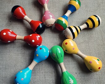 Kids toy Double Head Handmade Wooden Maraca- Colourful Moving Rattle Shaker Toy Gets Babies Attention- Kids Birthday Party Fun Gift Idea