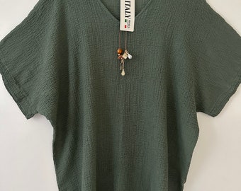 Made in Italy khaki cotton oversized, comfortable, relaxed fit, loose cheesecloth top with necklace one size 10-16