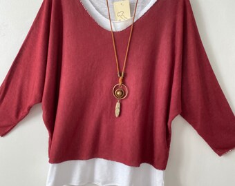 New Made In Italy 2 In 1 Soft Loose quirky Batwing Lagenlook burgundy Top Jumper One Size 8-16