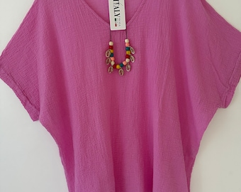 Made in Italy Pink cotton oversized, comfortable, relaxed fit, loose cheesecloth top with necklace one size 10-16