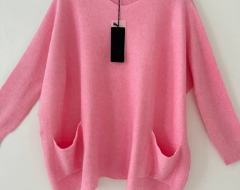 New Made In Italy Pink Quirky Oversized Loose Batwing Lagenlook relaxed style 2 Pocket Top jumper One Size 12-18