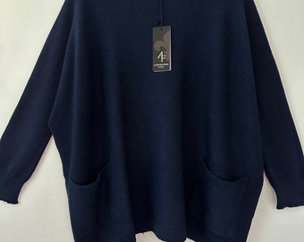 New Made In Italy Navy Quirky Oversized Loose Batwing Lagenlook relaxed style 2 Pocket Top jumper One Size 12-18