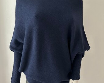 Made in Italy Navy asymmetric oversized loose draped soft knit jumper one size 10-18