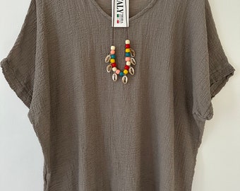 Made in Italy Mocha cotton oversized, comfortable, relaxed fit, loose cheesecloth top with necklace one size 10-16
