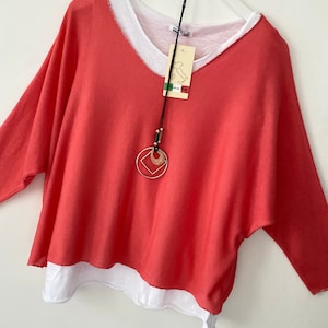 New Made In Italy 2 In 1 Soft Loose quirky Batwing Lagenlook coral Top Jumper One Size 8-16