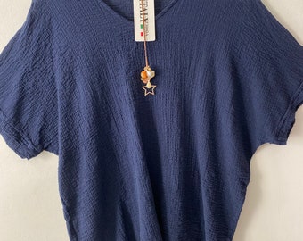 Made in Italy Navy cotton oversized, comfortable, relaxed fit, loose cheesecloth top with necklace one size 10-16