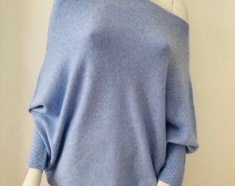 Made in Italy blue asymmetric oversized loose draped soft knit jumper one size 10-18