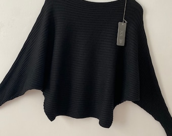 New Made In Italy Ribbed Soft Loose Batwing oversized Lagenlook black Top Jumper One Size 10-16