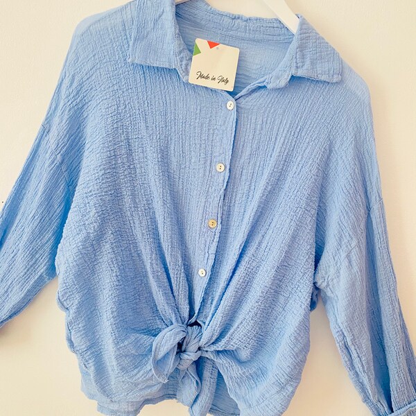 Made in Italy Blue cotton oversized cheesecloth button front Loose fit shirt blouse one size 10-16