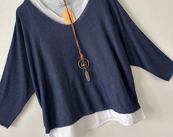 Nouveau pull 2 en 1 souple et original surdimensionné chauve-souris Lagenlook bleu marine avec collier taille unique 8-14