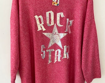 Made In Italy Soft Loose Slouch Quirky Lagenlook Oversized casual Rock Star fuchsia Top Jumper One Size 10-16