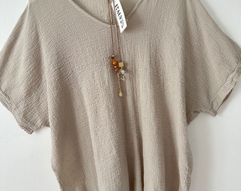 Made in Italy Beige cotton oversized, comfortable, relaxed fit, loose cheesecloth top with necklace one size 10-16