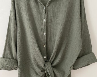 Made in Italy Khaki cotton oversized cheesecloth button front Loose fit shirt blouse one size 10-16