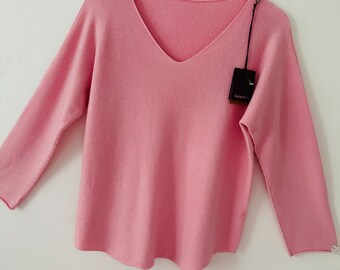 Made in Italy Ladies soft slouch V-neck knitted loose casual plain oversized quirky pink sweater jumper top one size 8-14