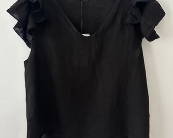Made In Italy black Quirky Loose Lagenlook Oversized linen frill ruffle casual top blouse one Size 10-16