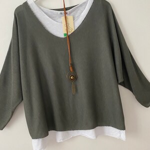 New Made In Italy 2 In 1 Soft Loose quirky Batwing Lagenlook khaki green Top Jumper One Size 8-14