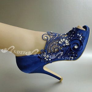 Blue Wedding Shoes for Bride S.DEE "BLOSSOM" Metallic Blue Satin Peep Open Toe Heel Wedges Platform Bridal Lace Rhinestones Handmade Shoes