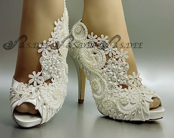 Wedding Shoes for Bride, 3'' 4'' Bridal High Low Heel, Unique Handmade Satin Peep Open toe Wedge Platform Lace Rhinestone Pearls Ivory White