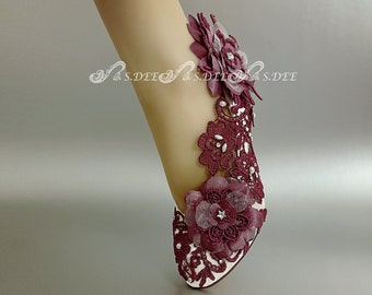 Wedding Shoes Wedge for Bride S.DEE Purple Burgundy Metallic Gold Ivory White Handmade Satin Closed toe Heel Bridal Lace Rhinestone Pearl