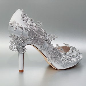 Silver Grey Satin Wedding Shoes for Bride, Bridal Low Open Toe Heel Classic Embellished Lace Applique  Rhinestones Handmade Decorated Heels