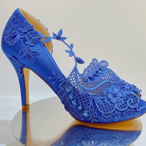 Blue Wedding Shoes for Bride, Bridal Heel, Royal Blue Embellished Ankle Ribbon Satin Peep Open Toe Wedges Platform Lace Rhinestones Handmade