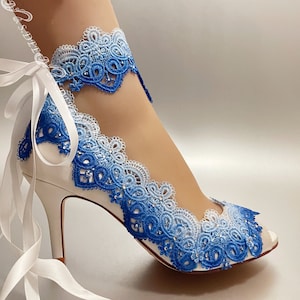 Wedding Shoes for Bride, Blue Bridal Heel, Royal Palace Pattern Gradient Blue Satin Peep Toe Ribbon Wedge Platform Lace Rhinestone Handmade