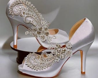 Silver Grey Satin Wedding Shoes for Bride, Bridal Heel asymmetrical “Feather” Open Toe Heel Wedges Bridal Lace Rhinestones White Ivory Satin