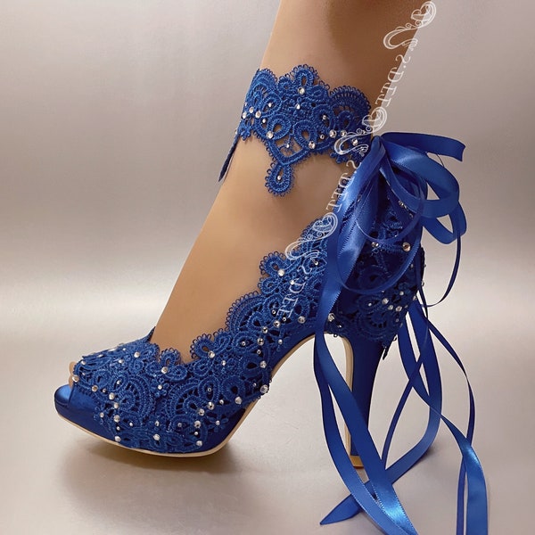 Wedding Shoes for Bride S.DEE Royal Palace Pattern Royal Blue Satin Peep Open Toe Ribbon Heel Wedge Platform Bridal Lace Rhinestone Handmade