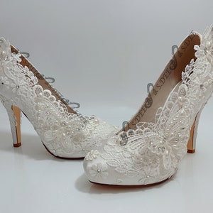Ivory Off White Wedding Shoes Heels for Bride S.DEE Butterfly Beige Pearl Satin Round Closed Toe Heels Bridal Lace Rhinestone Handmade Shoes