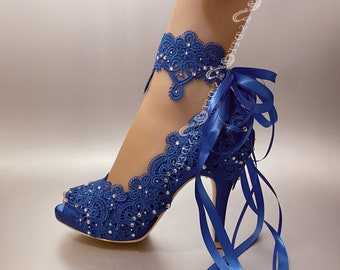 Royal Blue Wedding Shoes for Bride, Bridal Heel, Classic Palace Pattern Satin Open Toe Ribbon Heels Wedge Platform Lace Rhinestone Handmade