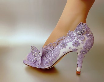 Wedding shoes for Bride, Lavender Bridal Heel,3'' 4'' Handmade Purple Lilac  Lace Open Peep Toe Vintage look Satin Butterfly Pearl