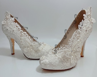 Ivory Off White Wedding Shoes Heels for Bride S.DEE Butterfly Beige Pearl Satin Round Closed Toe Heels Bridal Lace Rhinestone Handmade Shoes