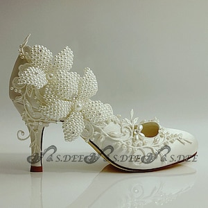 Wedding Shoes S.DEE "LILYSTORY" Satin Ivory White Round Toe High Heel Handcraft Bridal Engagement Lace Lily Flower Beading Pearl Rhinestone