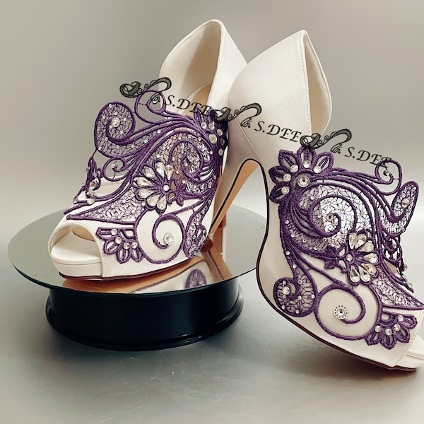 Lilac Wedding Shoes for Bride S.DEE "BLOSSOM" Satin Peep Toe Open Toe Purple Heel Platform Bridal Unique Lace Rhinestone Ivory White Shoes