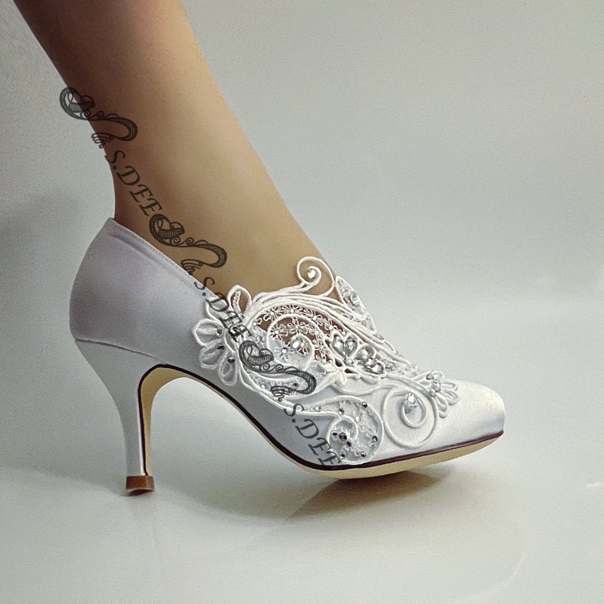 Wedding Shoes for Bride S. Dee "Blossom" Ivory White Satin Round Closed…