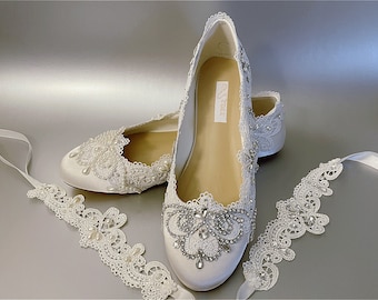 Wedding Shoes for Bride, Bridal Flats, Ivory Off White Handmade Satin Peep Open toe Closed toe Flats Wedge Heel Bridal Lace Rhinestone Pearl