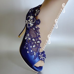Wedding Shoes for Bride S.DEE "flower clusters" royal Blue Satin Peep Open Toe Heel Wedges Platform Bridal Lace Rhinestones Handmade Shoes