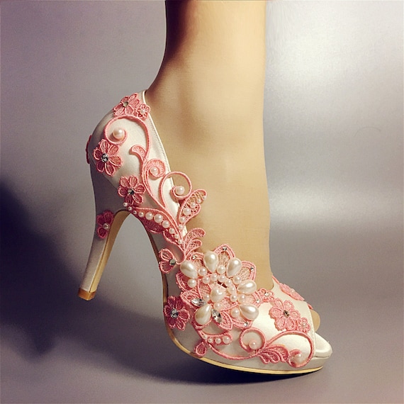 Salmon Pink Wedding Shoe for Bride Ivory off White Bridal Heel Peep Toe Platform Bridesmaid Handcraft Handmade Lace Pearl Rhinestone LOTUS Etsy Australia