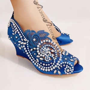 Women's Wedding Shoes Royal Blue Open Toe Block Heel Minimalism Buckle Bridal Shoes