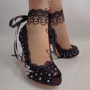 Black Wedding Low Heel for Bride, Gothic Bridal Shoes, 3&quot; Polka Dots Satin Peep Toe Bridal Classic Lace Pattern Pearls Rhinestones Handmade