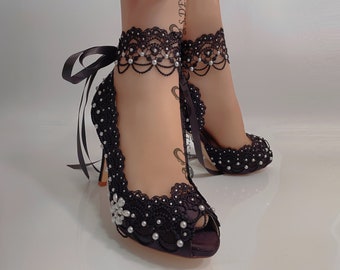 Black Wedding Low Heel for Bride, Gothic Bridal Shoes, 3" Polka Dots Satin Peep Toe Bridal Classic Lace Pattern Pearls Rhinestones Handmade