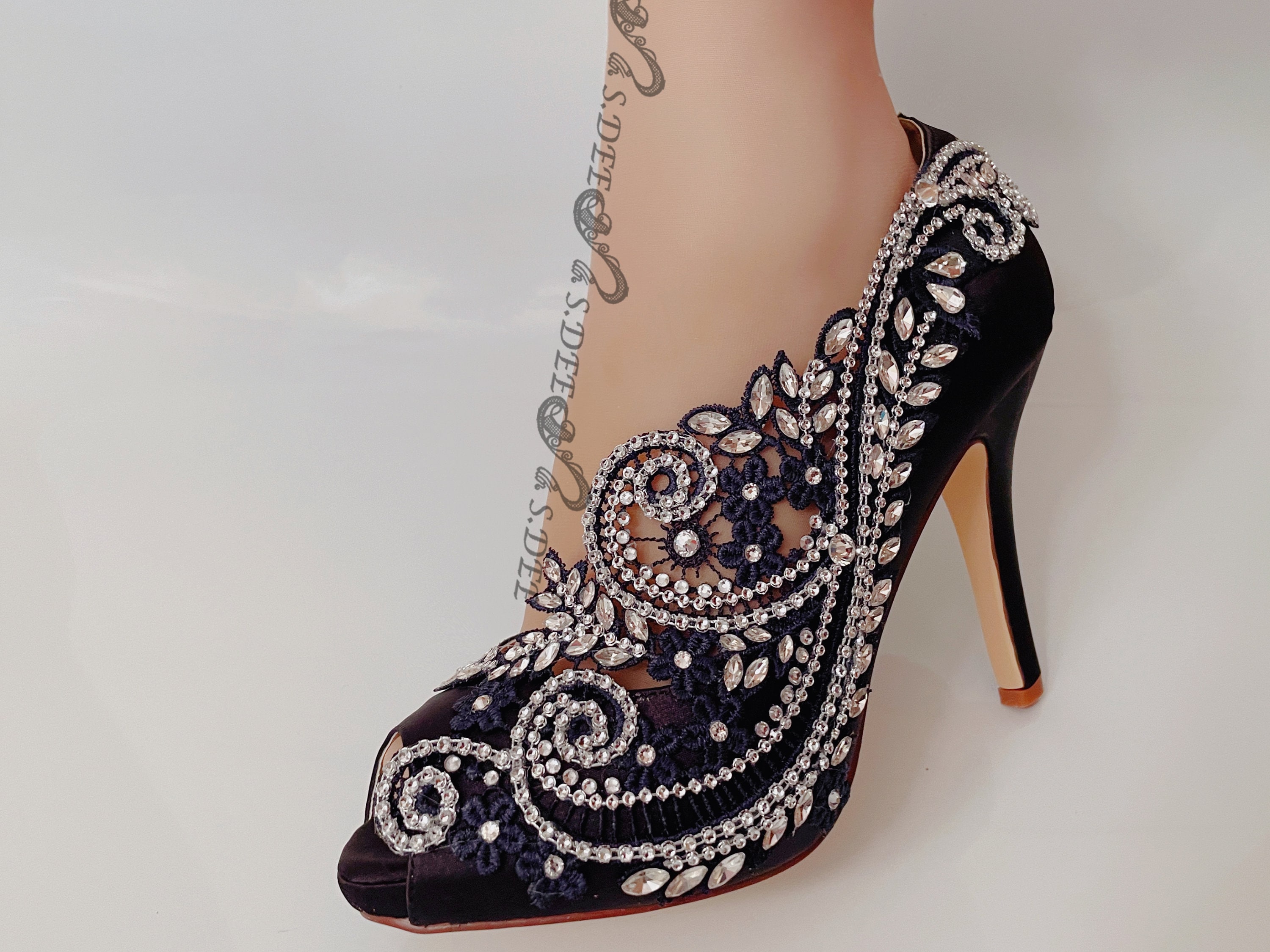 Black Gothic Wedding Shoe for Bride Black Bridal Heel Satin Peep Toe Open Toe Wedge Classic Lace Pattern Pearls Rhinestones Handmade Shoes Etsy UK