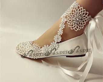 Wedding Shoes for Bride S.DEE "FLORALWAY" Satin Ivory White Closed Toe Round Flats Bridal Engagement Lace Ribbon Pearl Rhinestones Ballet