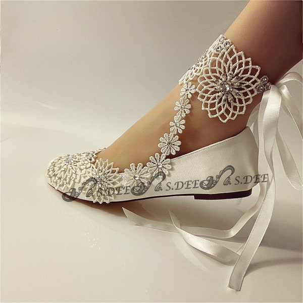 Wedding Shoes for Bride S.DEE "FLORALWAY" Satin Ivory White Closed Toe Round Flats Bridal Engagement Lace Ribbon Pearl Rhinestones Ballet