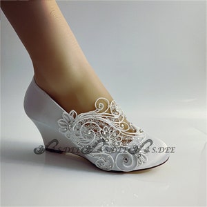 Wedding Shoes for Bride, Bridal Wedges, Unique Embellished Ivory White Satin Closed Toe Handcraft Engagement Lace Pearl Rhinestone BLOSSOM