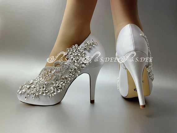 Bling Wedding Shoes, Ivory Satin and Lace Bridal Shoes with Rhinestones