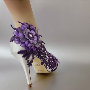 Wedding Shoes for Bride, Bridal Heel, Unique Purple Burgundy Metallic Gold Ivory White Handmade Satin Peep Open toe Lace Rhinestone Pearl