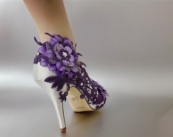 Wedding Shoes for Bride, Bridal Heel, Unique Purple Burgundy Metallic Gold Ivory White Handmade Satin Peep Open toe Lace Rhinestone Pearl