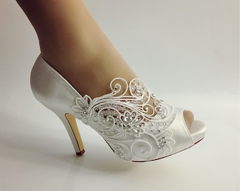 Wedding Shoes for Bride, Ivory White Satin Peep Open Toe Heels w/ Platform, Handcraft Bridal Sandals w/ Lace Pearl Rhinestone & Gem"BLOSSOM"