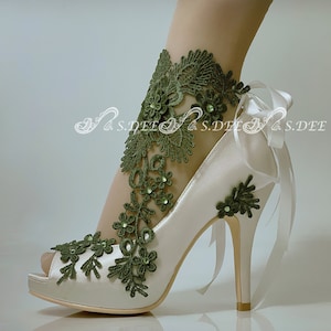 Wedding Shoes for Bride Satin Green Meadow Peep Open Toe Heel Ankle Ribbon Platform Handcraft Bridal Lace Rhinestone Ivory White Multi-Color